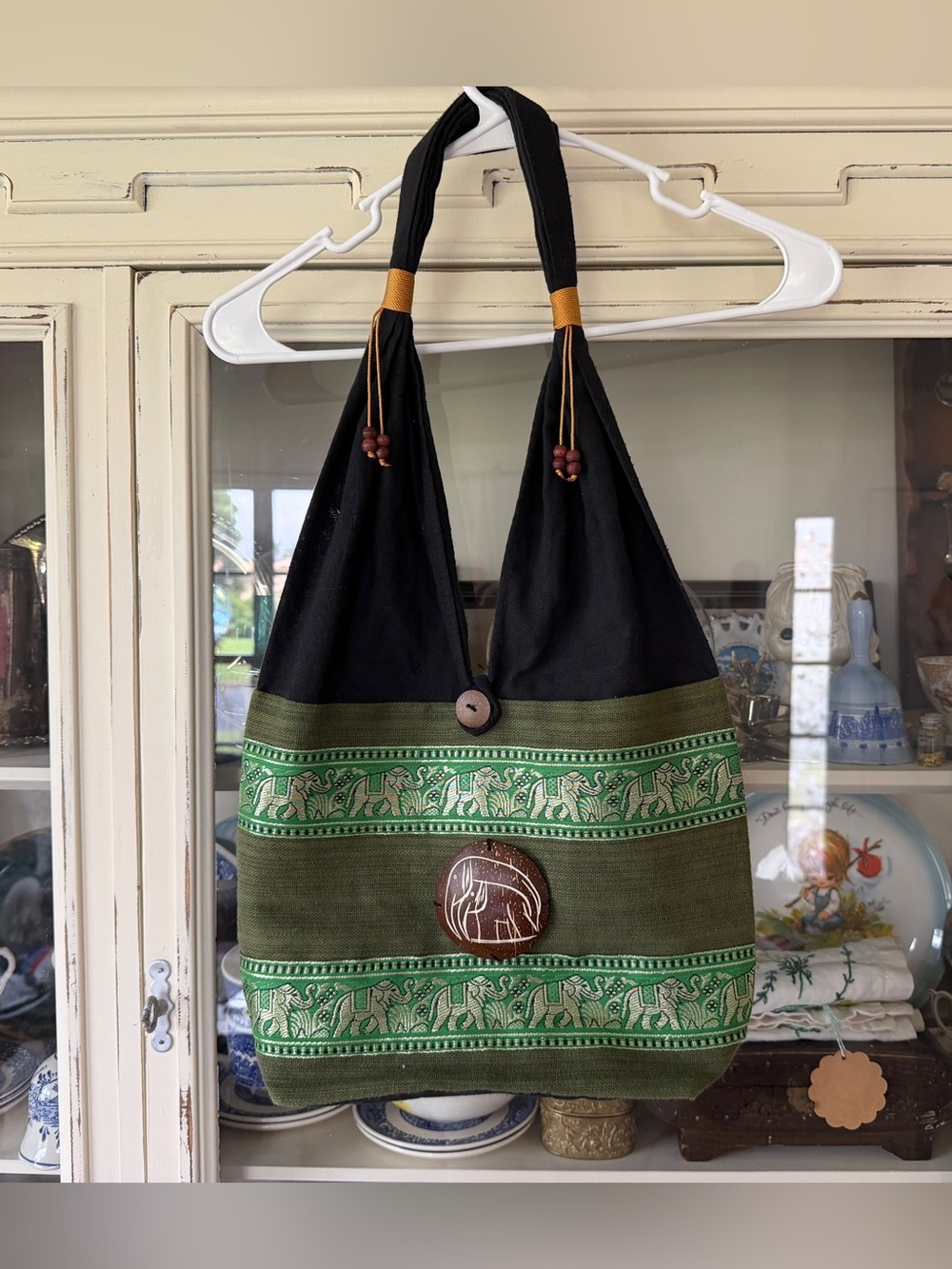 Black and Olive Green Elephant-Embroidered Hobo Bag
